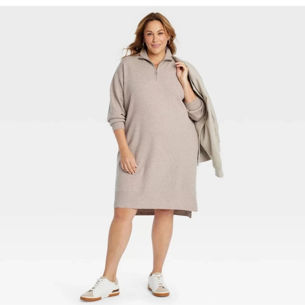 Women's Quarter Zip Long Sleeve Mini Sweater Dress - Ava & Viv Taupe 2X